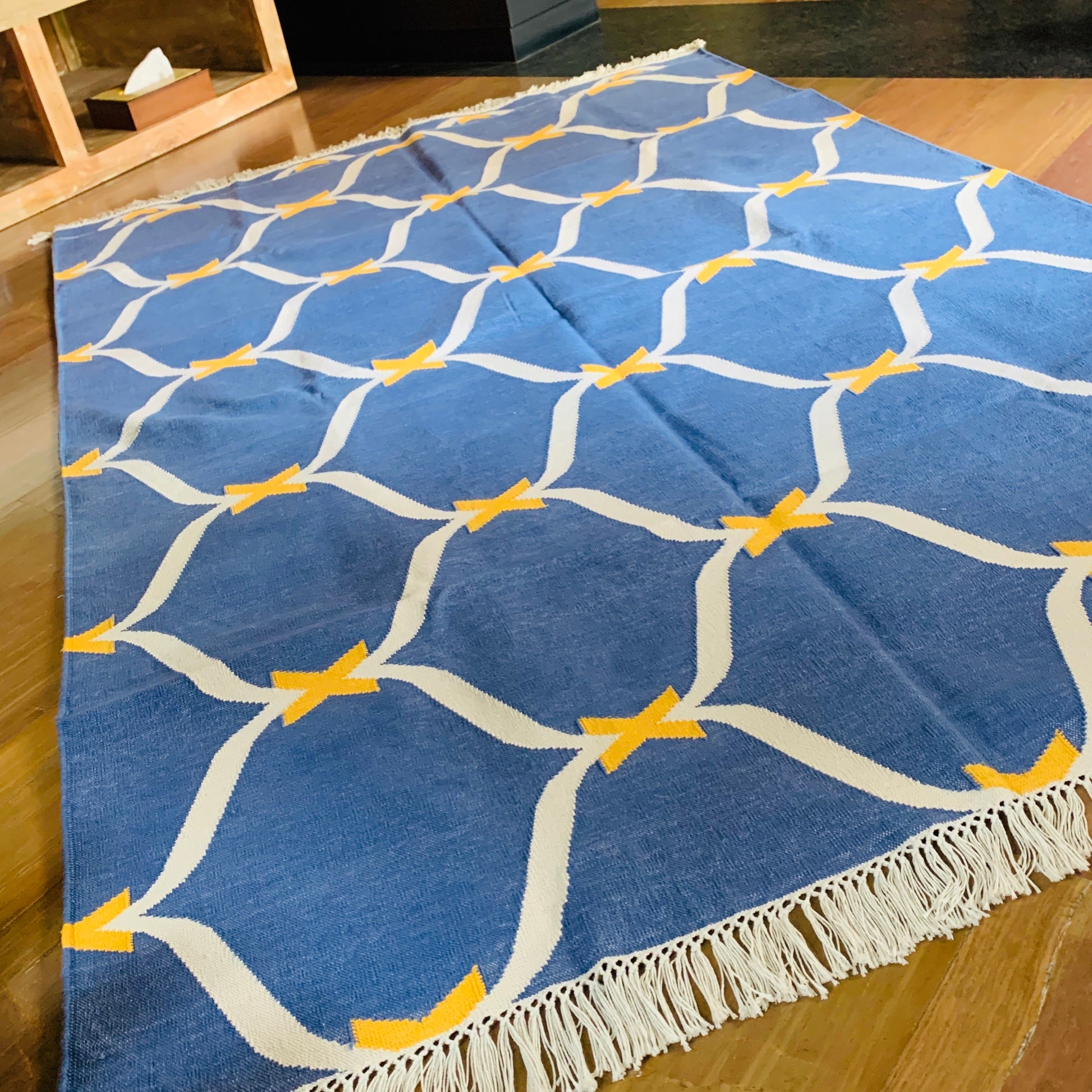Hand Woven Rug by Neelofar's in Blue geometric pattern