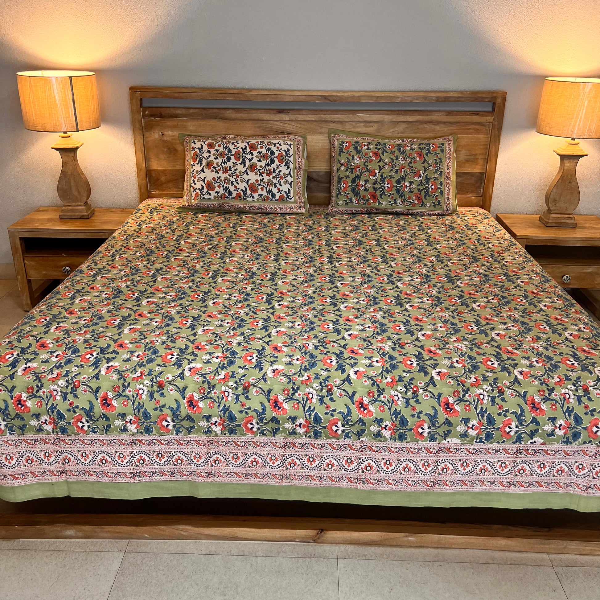 Hand Block Printed Cotton Bedsheet With Floral Pattern