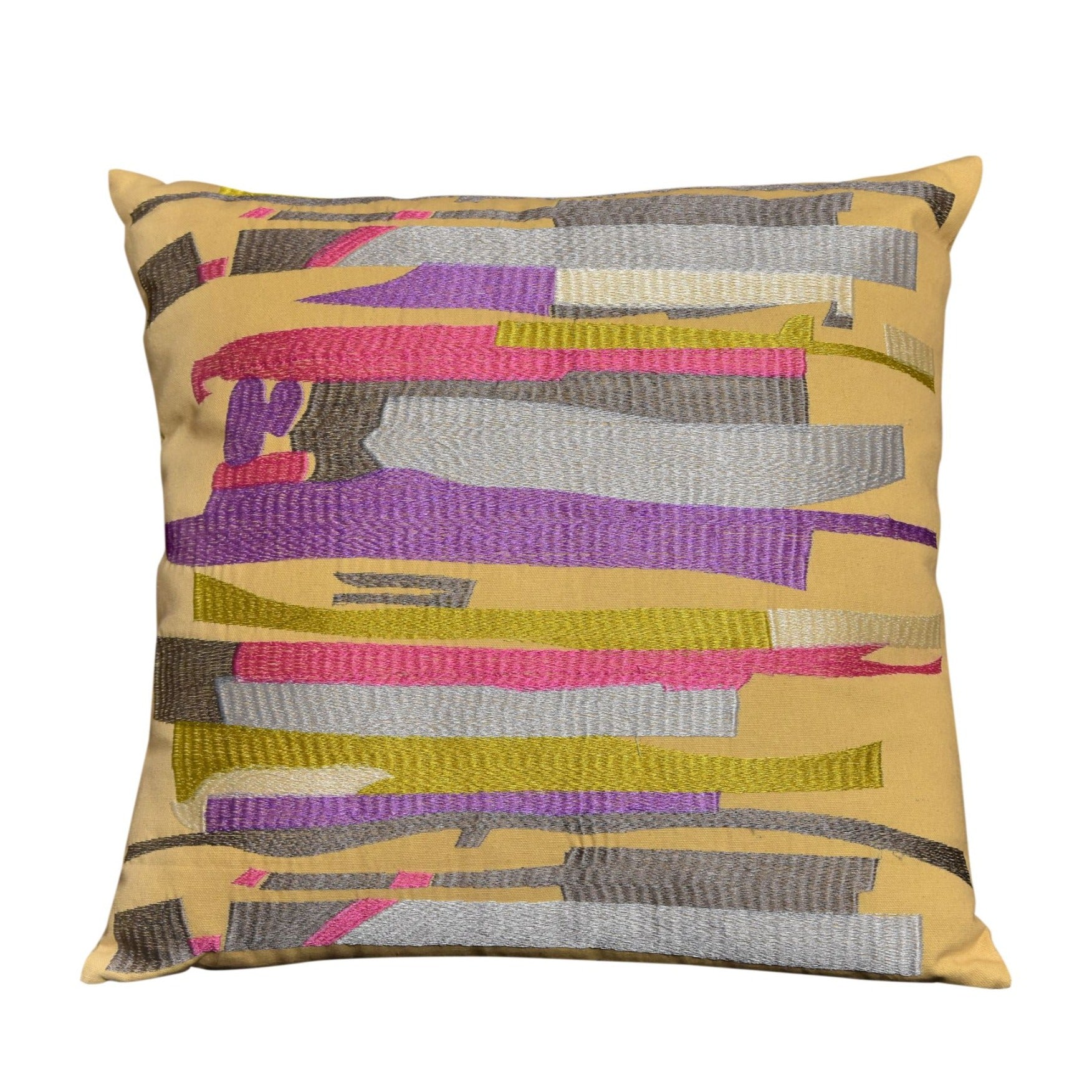 Neelofar's mustard cushion cover with multi colored abstract pattern
