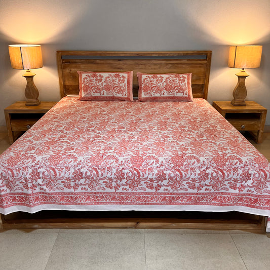 Hand Block Printed Cotton Bedsheet With Floral Pattern-90 x 108 Inches