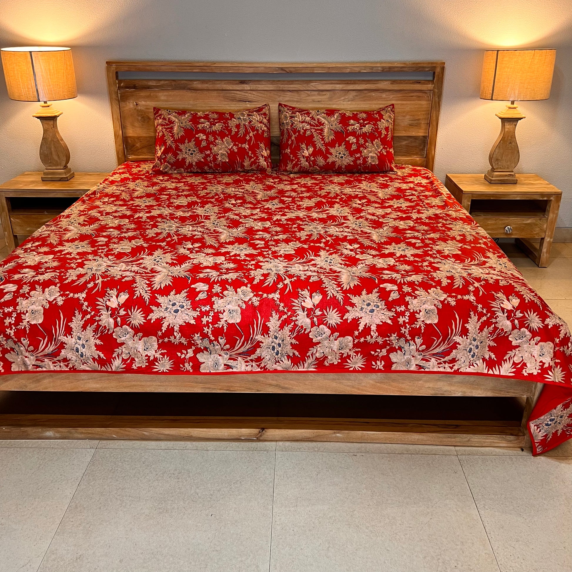 Printed Cotton Bedcover With Red Floral Pattern-90 x 108 Inches